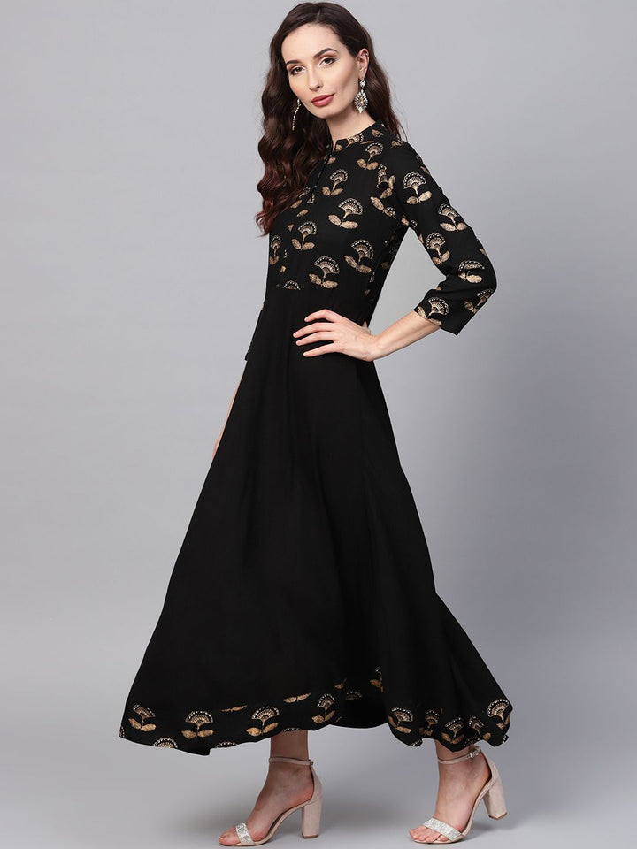 SOJANYA Women Black & Golden Yoke Design A-Line Kurta with Foil Print