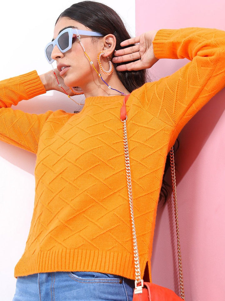 Tokyo Talkies Womens Orange Jacquard Acrylic Pullover