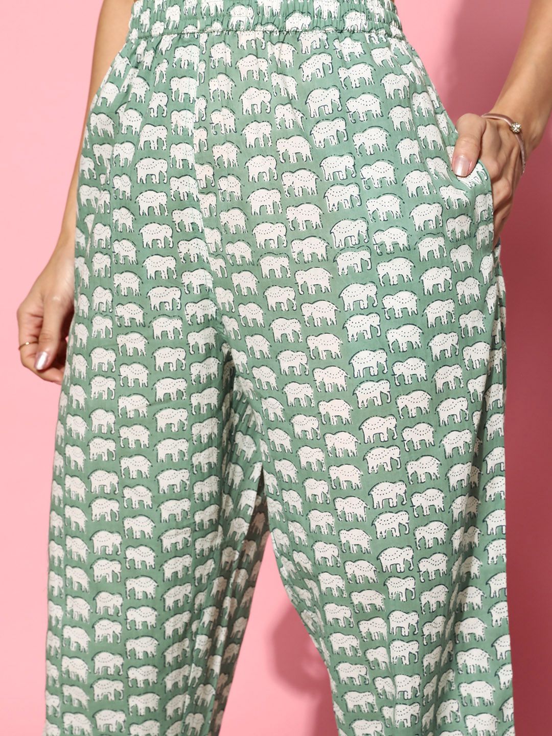 SANSKRUTIHOMES Women Green & White Printed Pure Cotton Top With Trousers