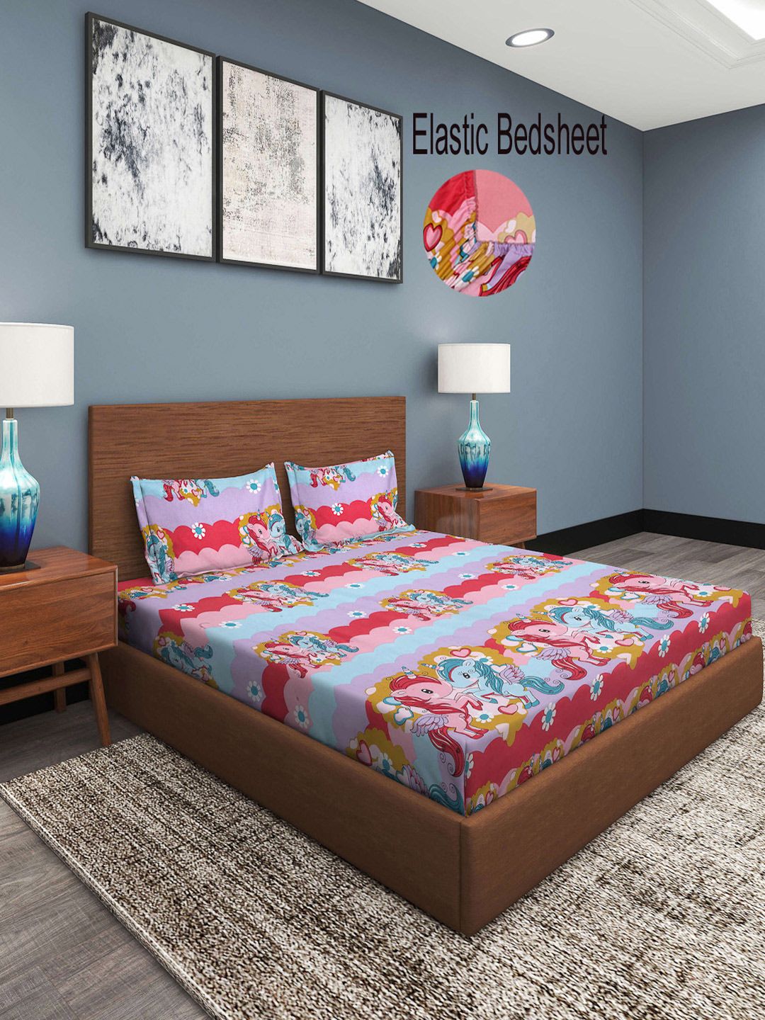 Myntra Elegant Homes Blue Graphic Polycotton 300 TC Fitted King Fine Bedsheet dengan 2 Sarung Bantal-98 x 89 inci