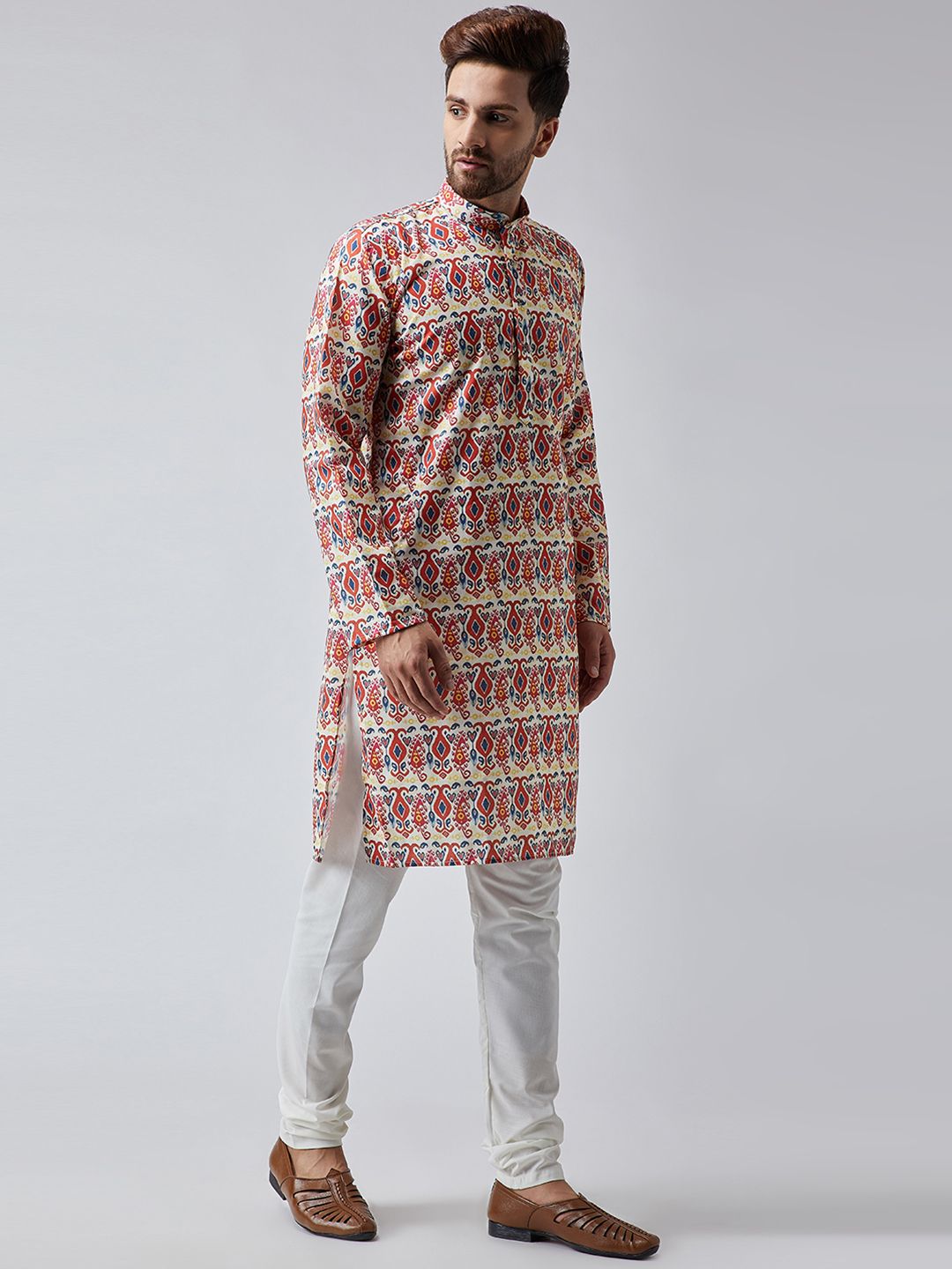 SOJANYA Men Off-White & Red Printed Straight Kurta