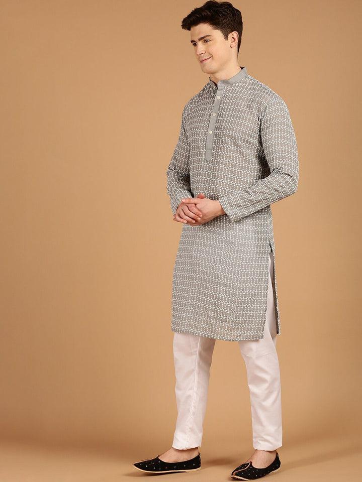 SOJANYA Geometrik Sulam Benang Kerja Pure Cotton Kurta