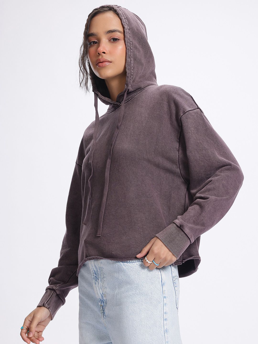 DressBerry Raw Hem Drop-Shoulder Hooded Sweatshirt