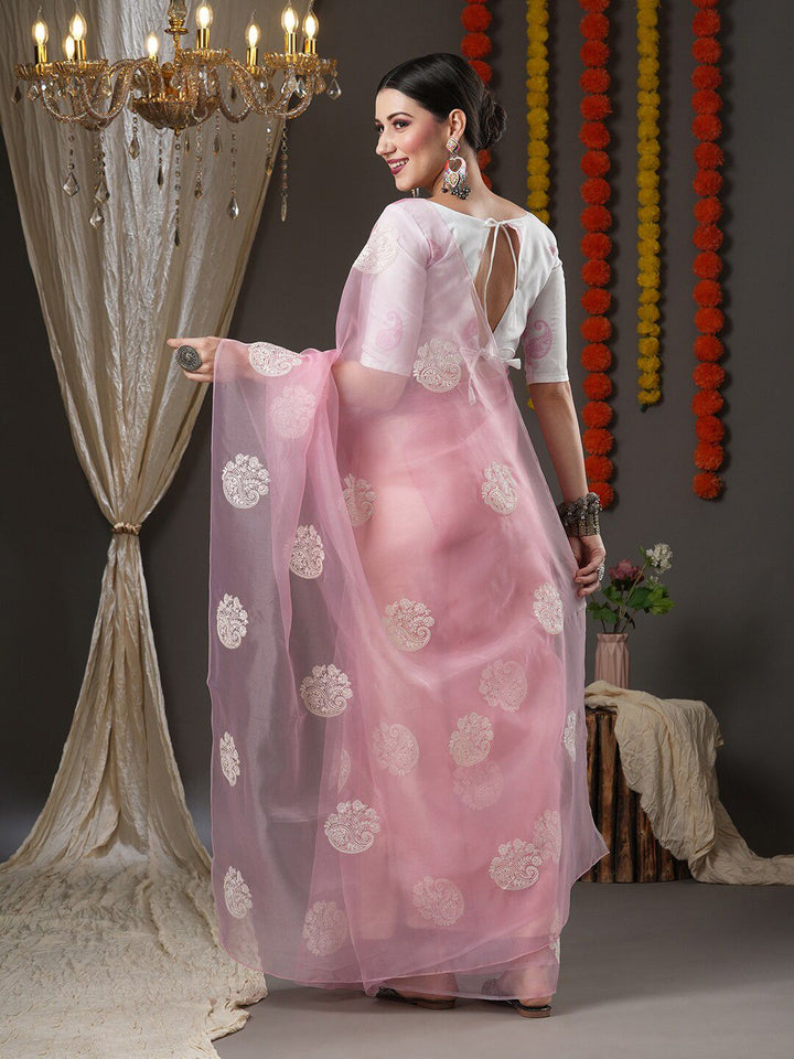 Saree mall Pink & White Floral Organza Banarasi Sarees