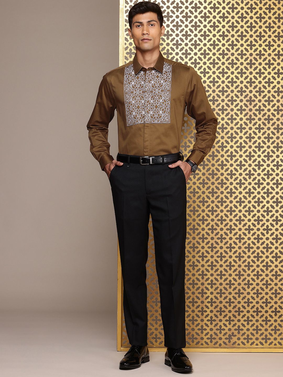 House of Pataudi Red Carpet Pure Cotton Embroidered Opaque Party Shirt