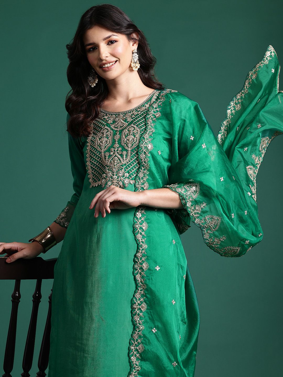 Indo Era Ethnic Motifs Zari Embroidered Kurta with Trousers & With Dupatta