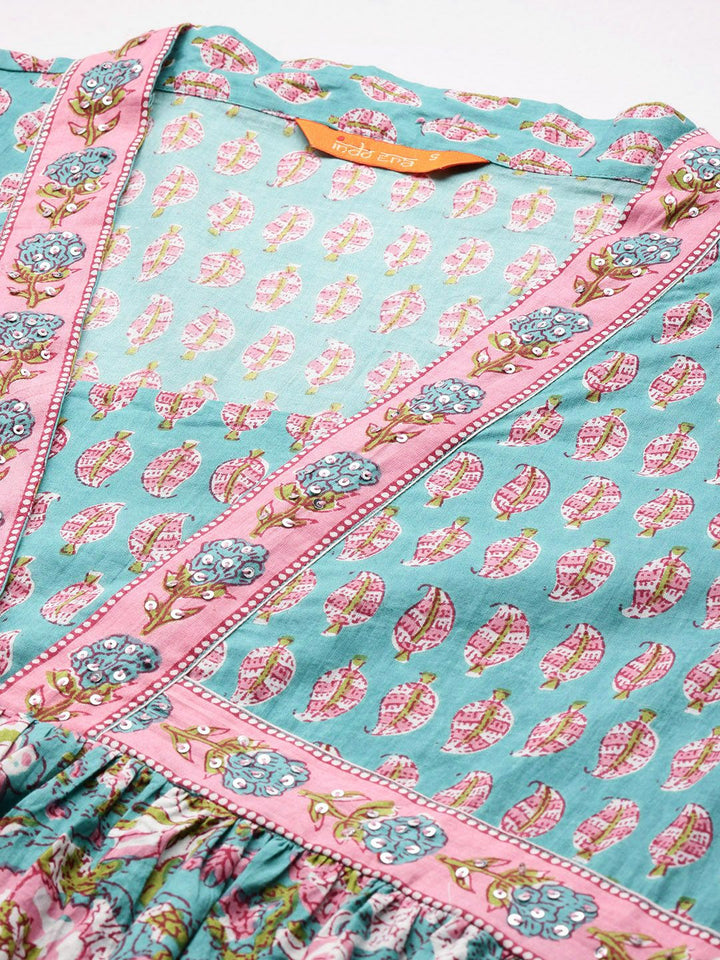 Indo Era Women Floral Printed Empire Sequinned Pure Cotton Kurta With Trousers & Dupatta