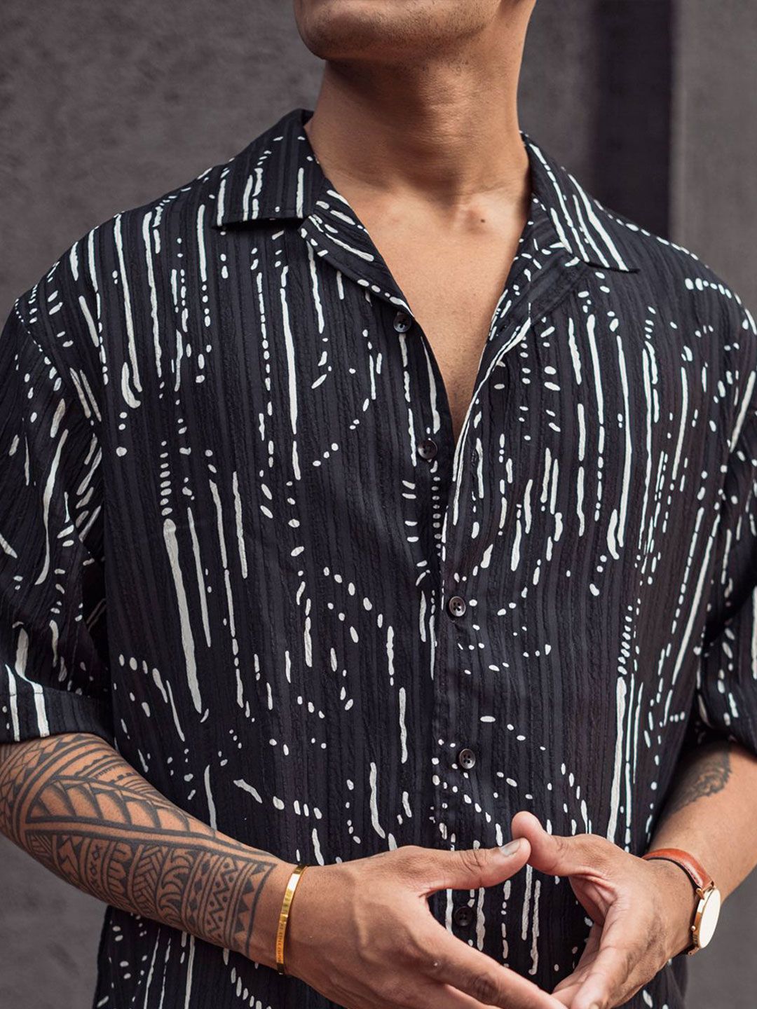Powerlook Men Cuban Collar Abstract Printed Opaque Casual Shirt