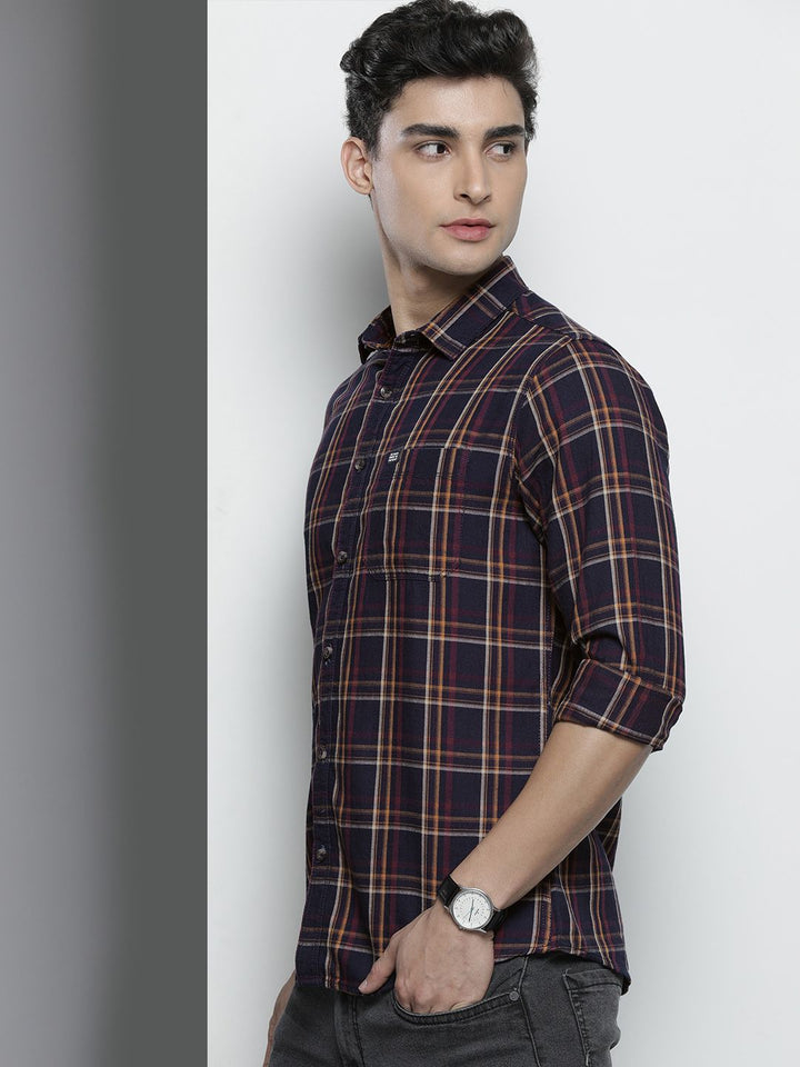 The Indian Garage Co Men Navy Blue & Yellow Checked Casual Shirt