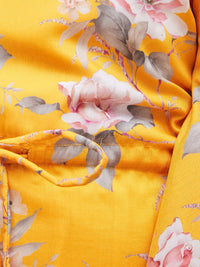 VASTRAMAY Girls Floral Printed Mirror Work Kaftan Kurta With Trousers