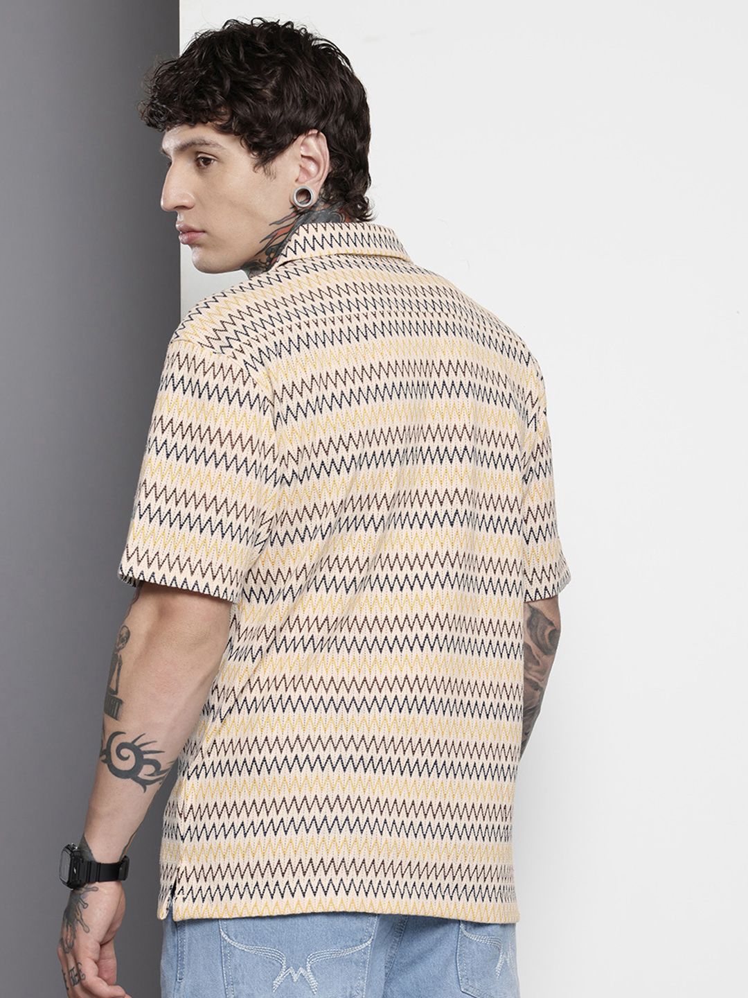 The Indian Garage Co Men Relaxed Fit Textured Lace Crochet Resort Wear Shirt