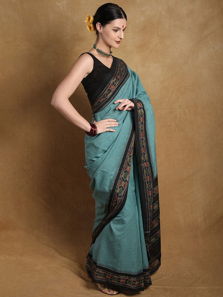 Exotic India Cotton Sambalpuri Coastal Shade Saree with Ikat Woven Border