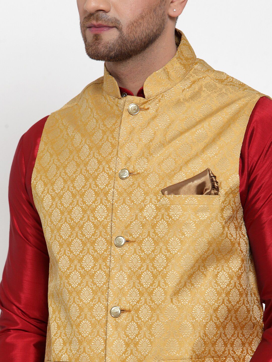Jompers Men Gold-Coloured & Beige Woven Design Nehru Jacket