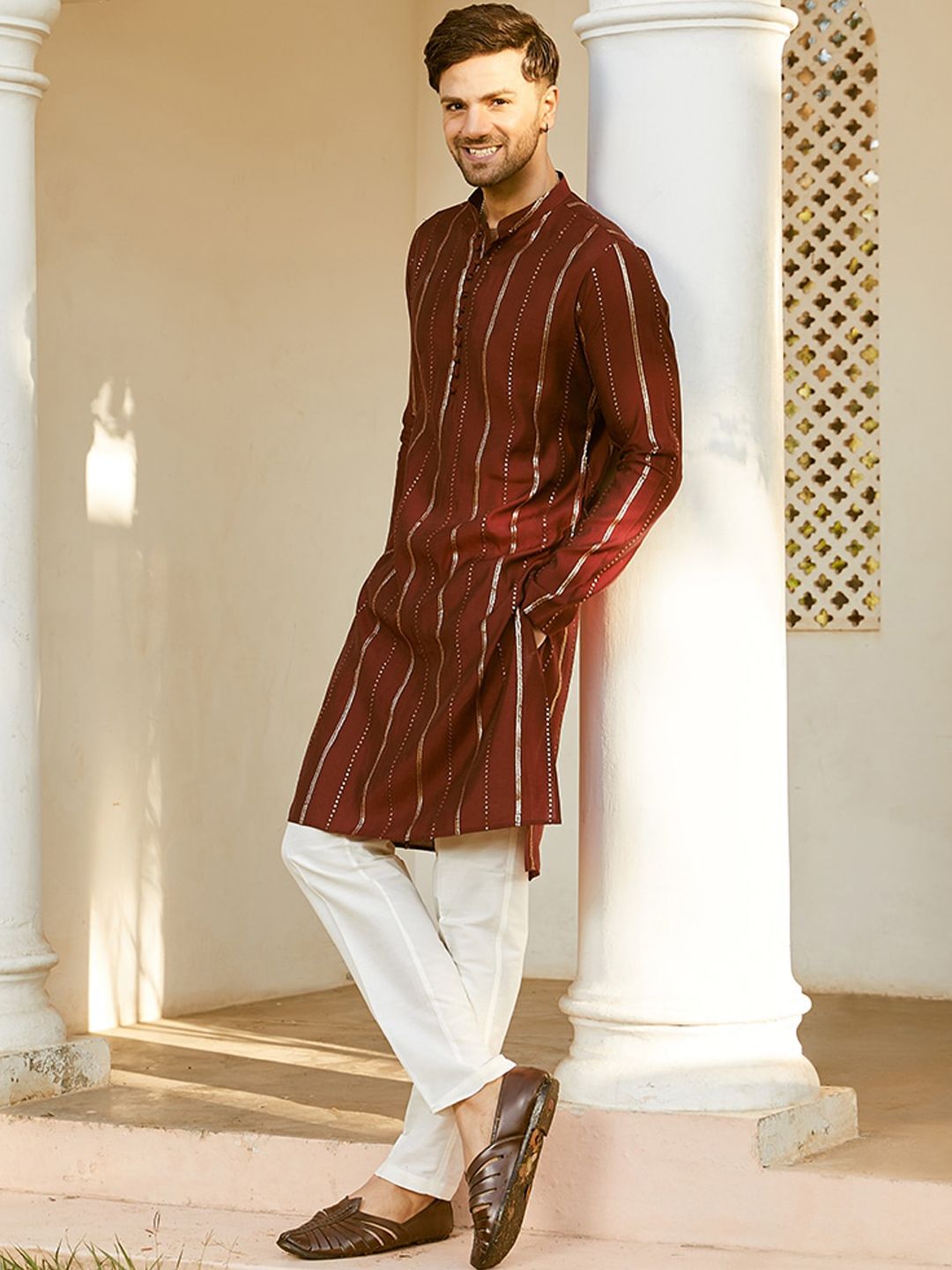 See Designs Mandarin Collar Long Sleeves Sequined Straight Kurta with Pyjama