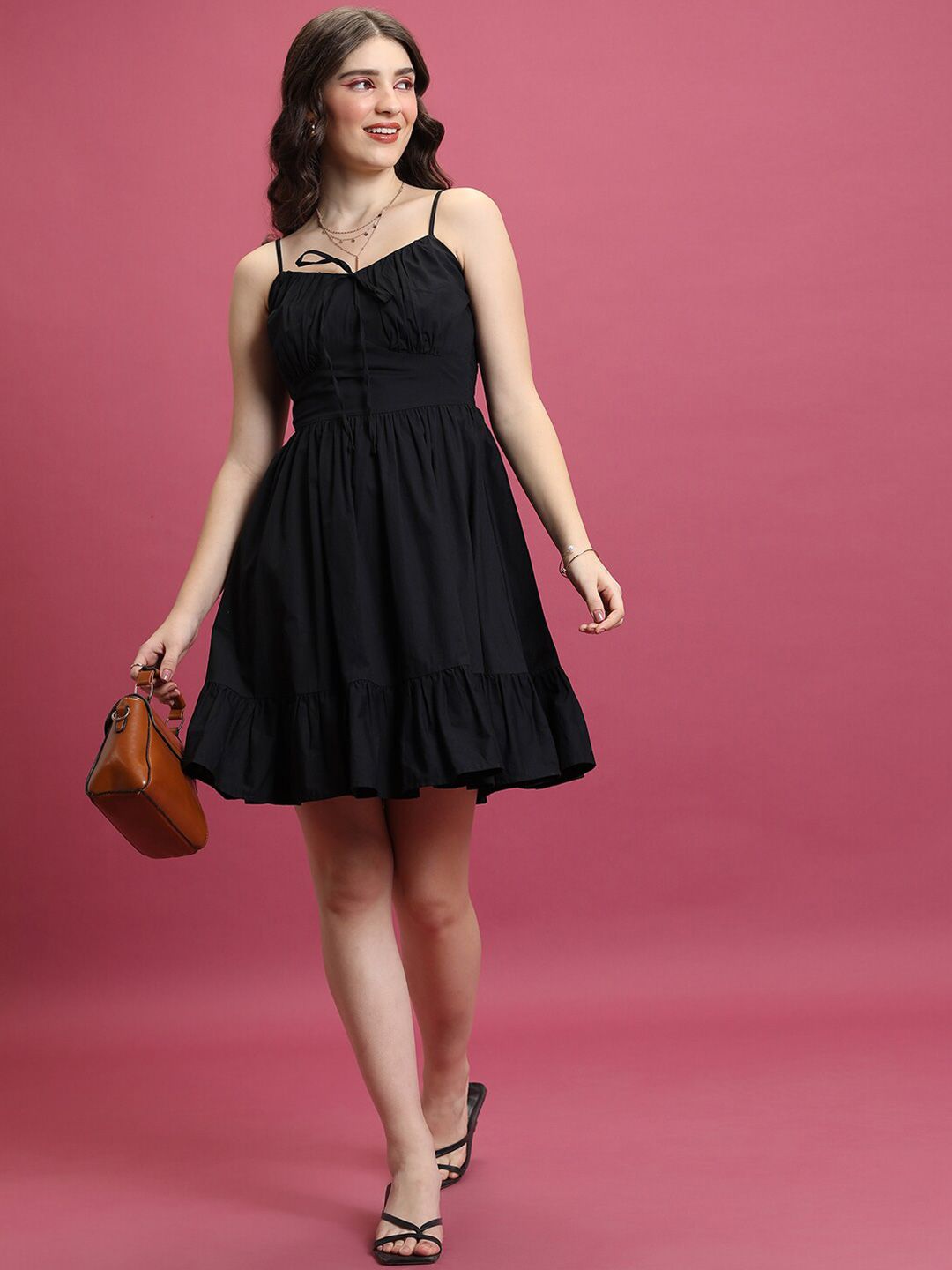 Tokyo Talkies Black Shoulder Straps Ruffles Cotton Fit & Flare Dress
