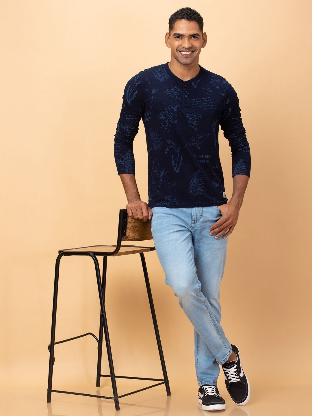 Being Human Pure Cotton Printed Henley Neck Raw Edge T-shirt