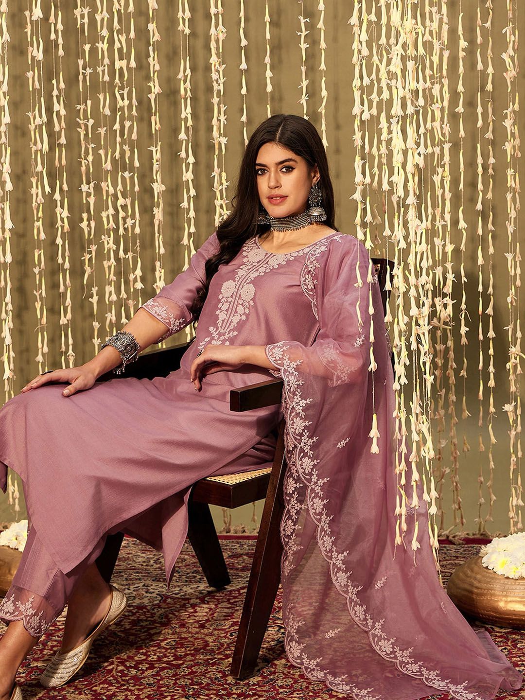 Indo Era Yoke Design Regular Thread Work Kurta with Trousers & With Dupatta