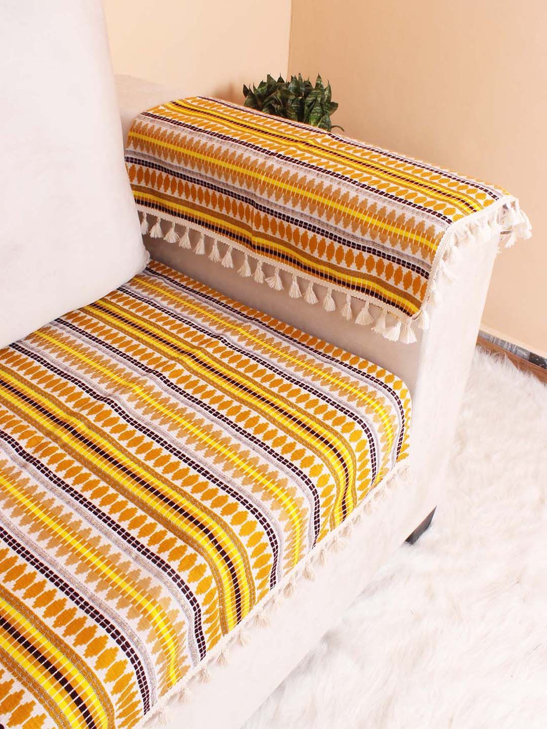 STITCHNEST Yellow & White Jacquard Printed 5-Seater Sofa Cover