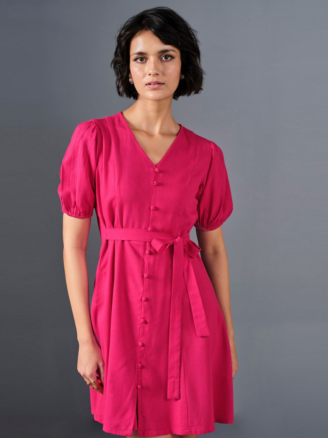 AND V-Neck Puff Sleeve A-Line Dress