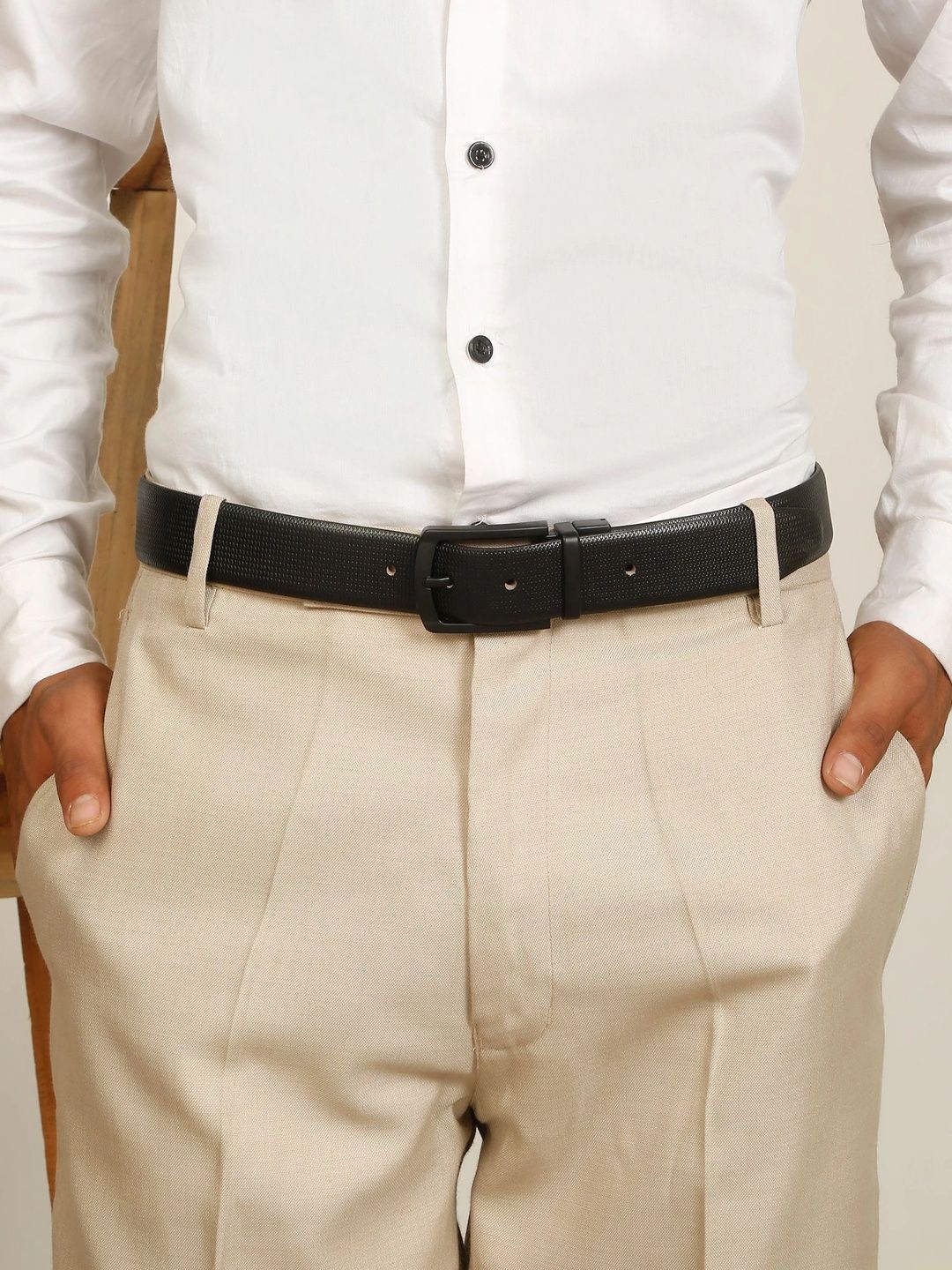 Teakwood Leathers Men Textured Leather Reversible Formal Belt