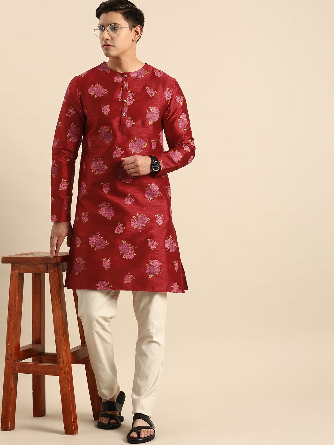 Anouk Men Floral Printed Round Neck Straight Kurta