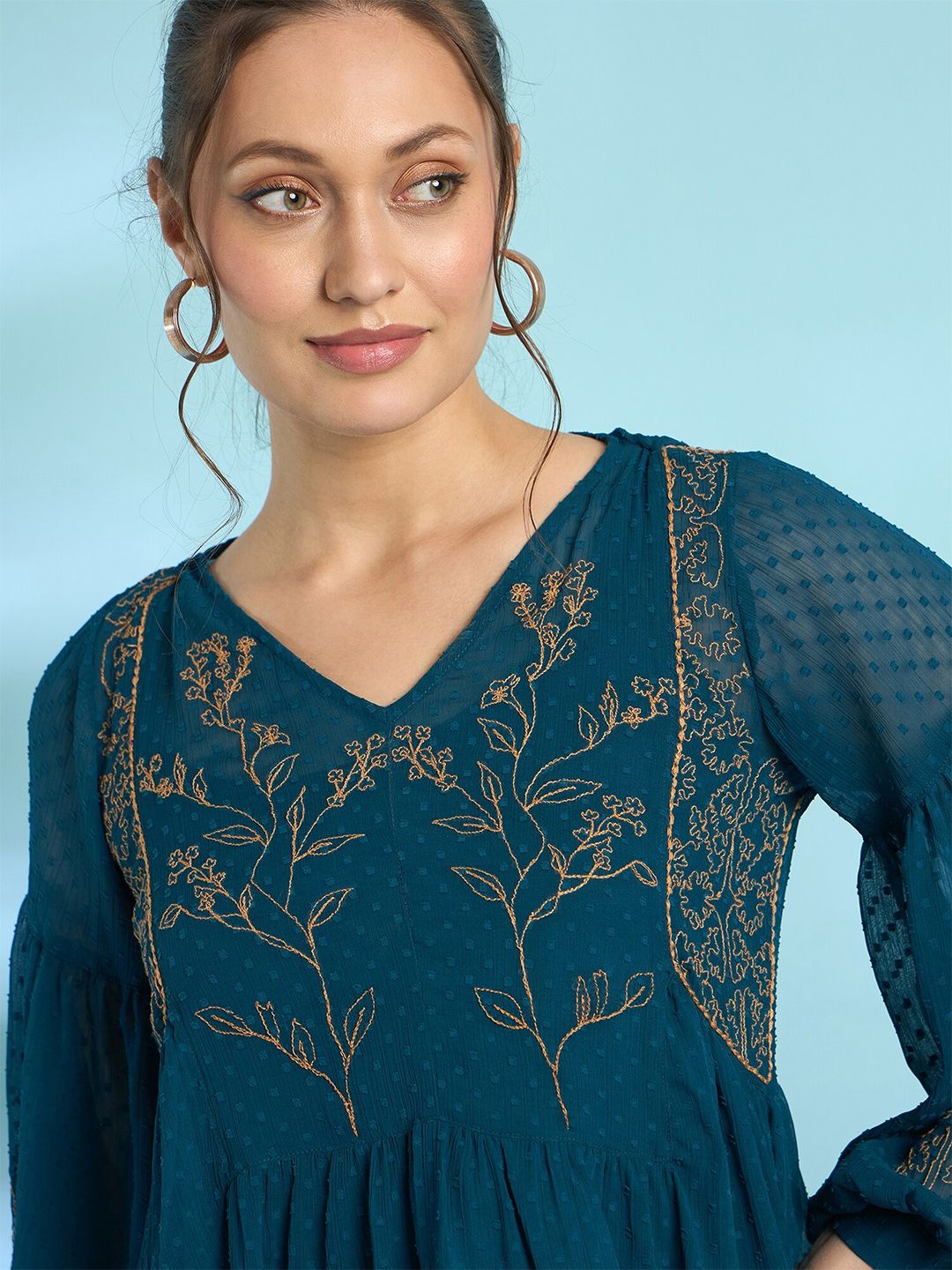 Antheaa Embroidered Bell Sleeve Chiffon Top