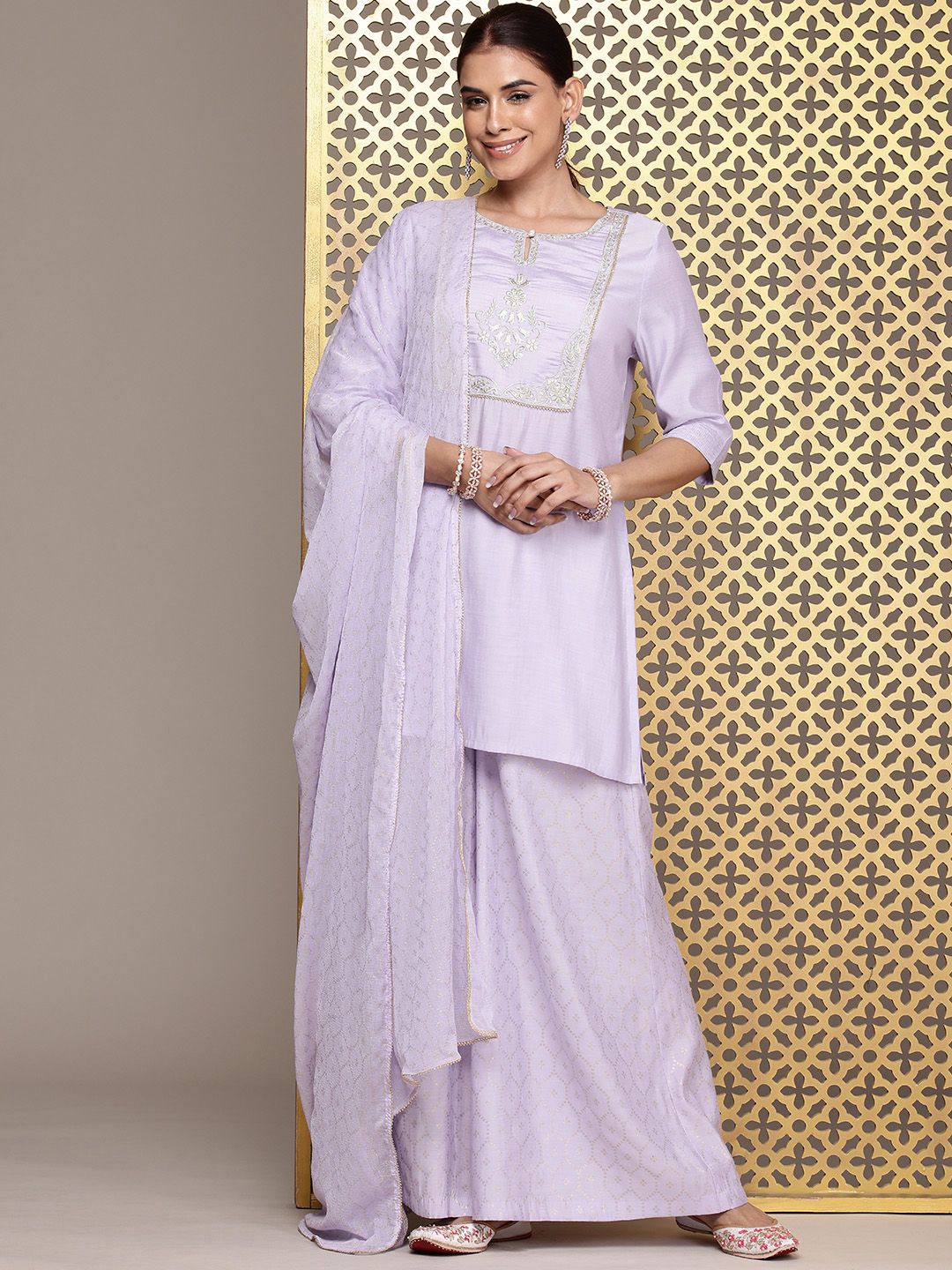 House of Pataudi Ethnic Motifs Embroidered Sequinned Jashn Kurta with Palazzos & Dupatta