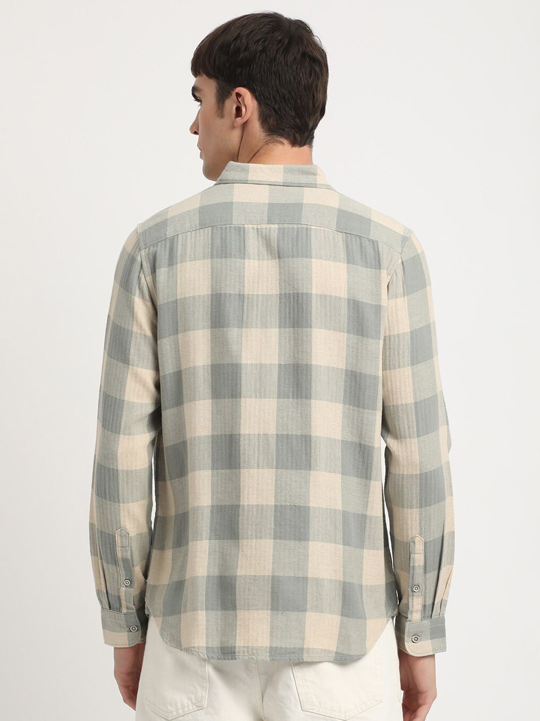 THE BEAR HOUSE Slim Fit Buffalo Checked Cotton Linen Casual Shirt