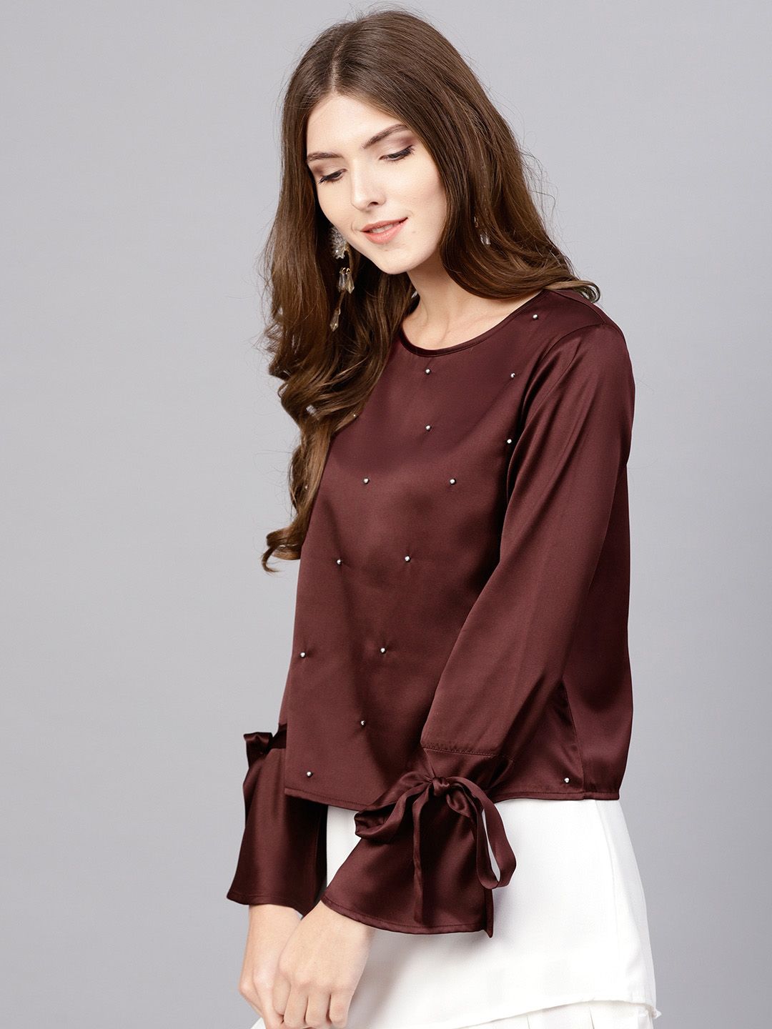 STREET 9 Women Burgundy Satin Embellished Top