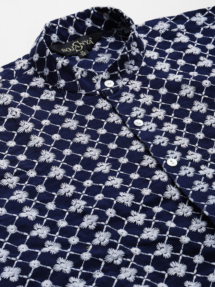 SOJANYA Men Navy Blue Chikankari Embroidered Kurta with Churidar & Nehru Jacket