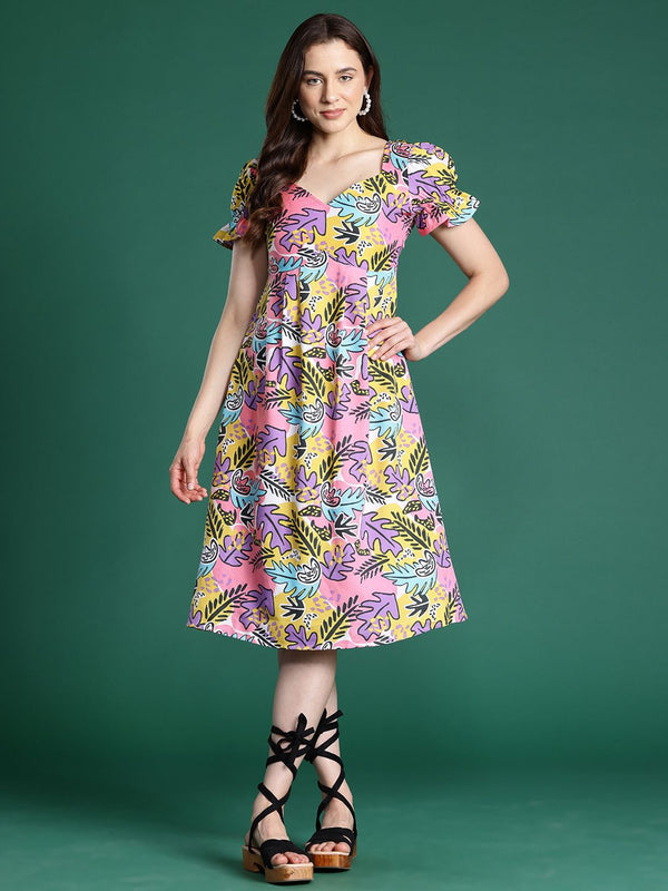 DressBerry Printed Puff Sleeves Fit & Flare Midi Dress