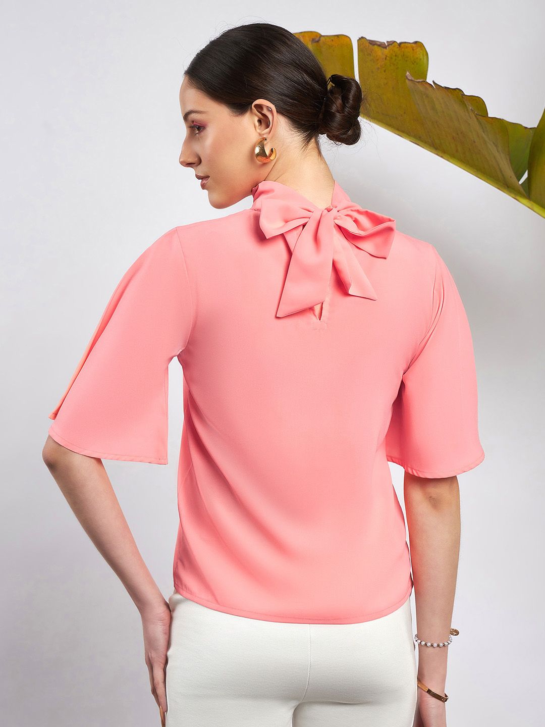 SASSAFRAS Peach-Coloured Embellished High Neck Flared Sleeve Beads & Stones Georgette Top
