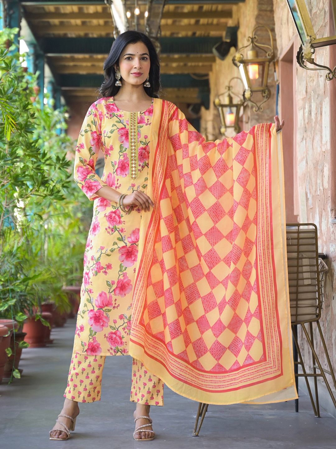 KALINI Floral Printed Straight Kurta With Trouser And Dupatta
