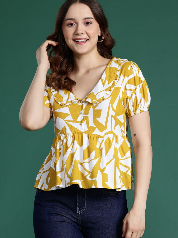 DressBerry Geometric Print Puff Sleeve Empire Top