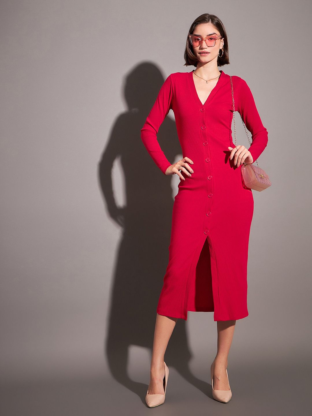 SASSAFRAS Red V-Neck Ribbed Sheath Midi Dress