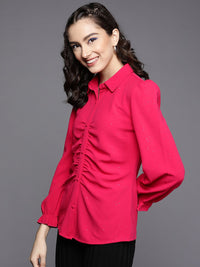 SASSAFRAS Women Fuchsia Pink Shimmer Fitted Ruched Shirt