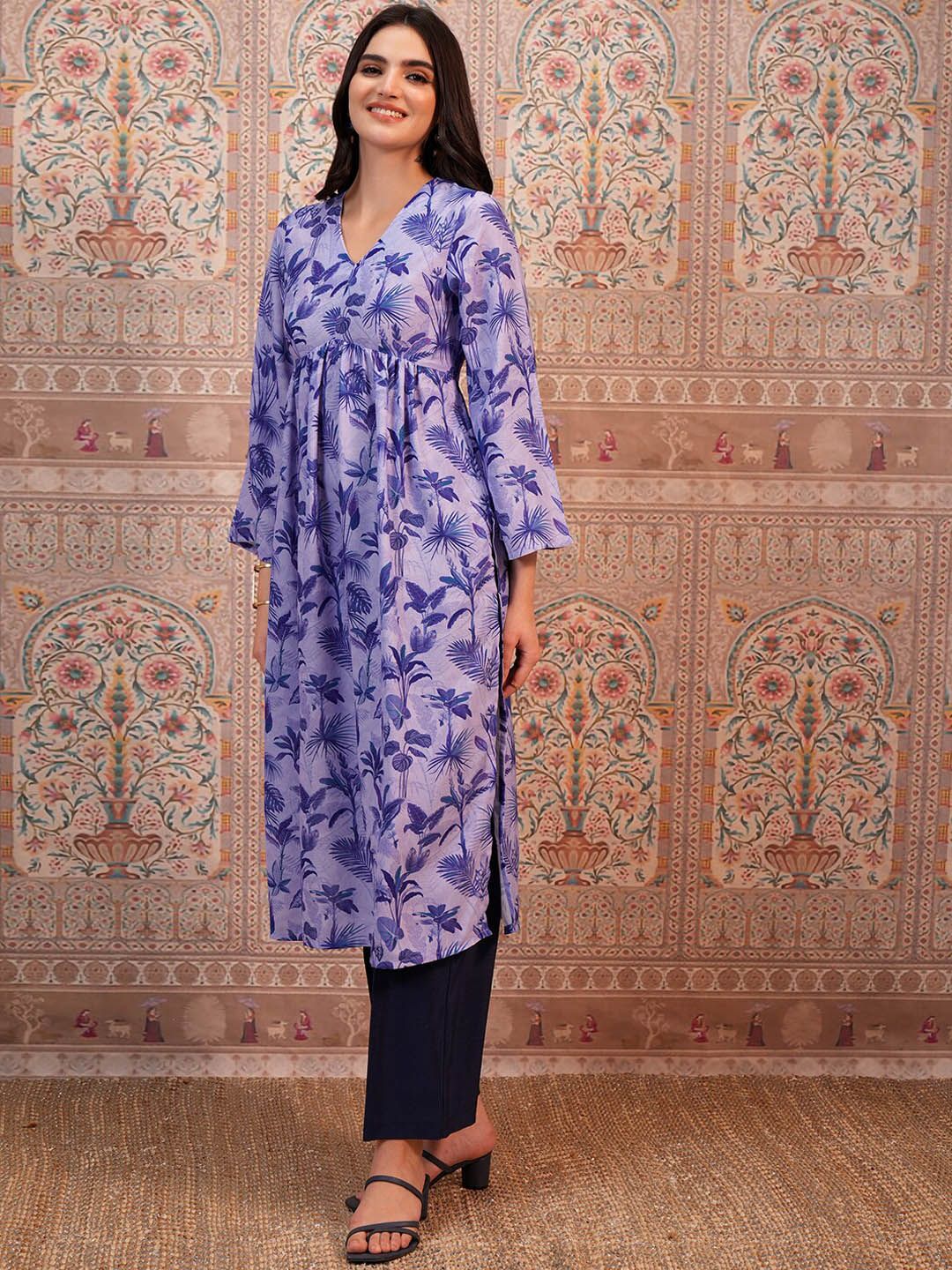 Vishudh Lavender Floral Printed A-Line Kurta