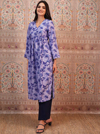Vishudh Lavender Floral Printed A-Line Kurta