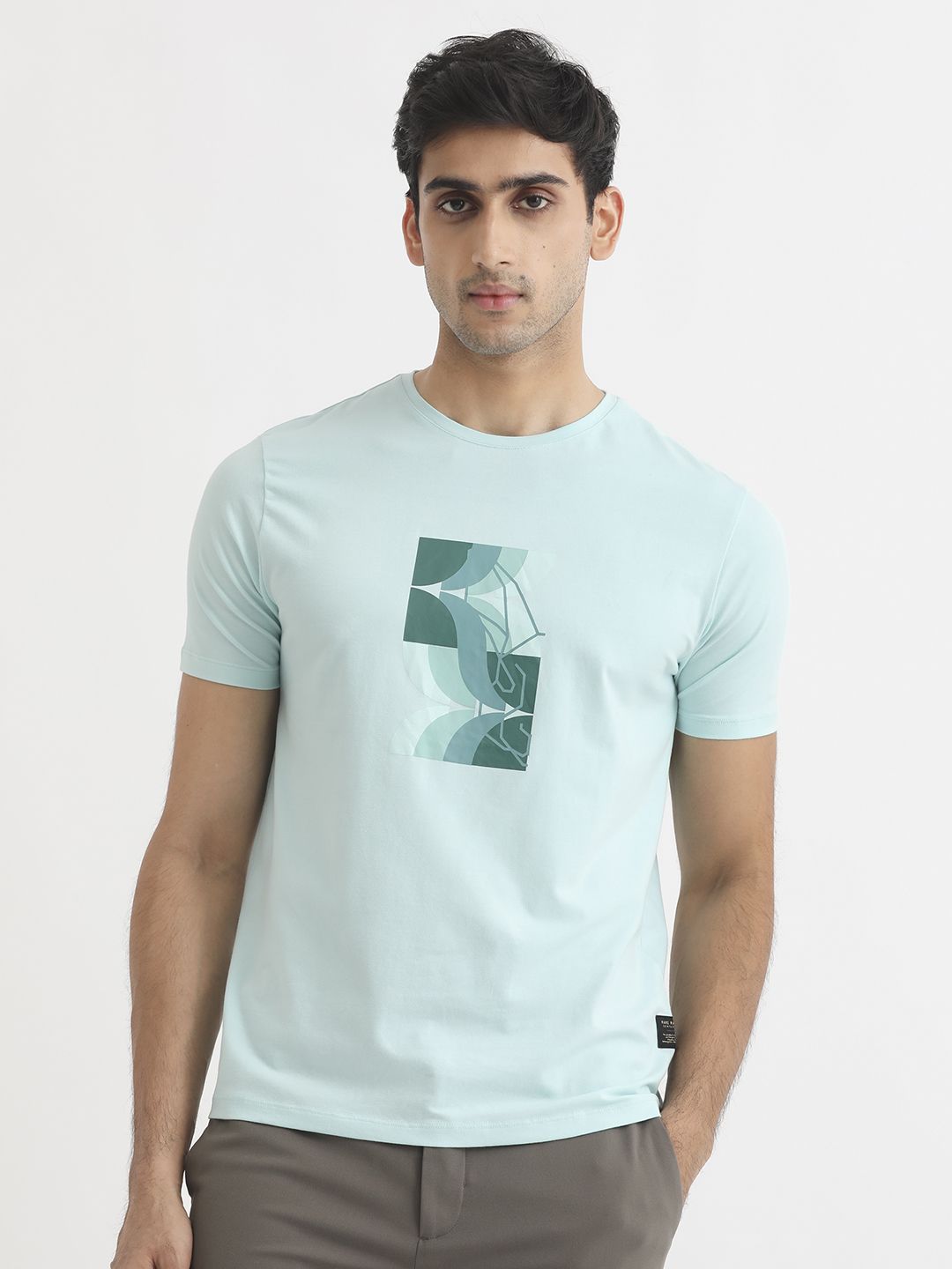 RARE RABBIT Men Cerulean Graphic Printed Slim Fit Cotton T-Shirt