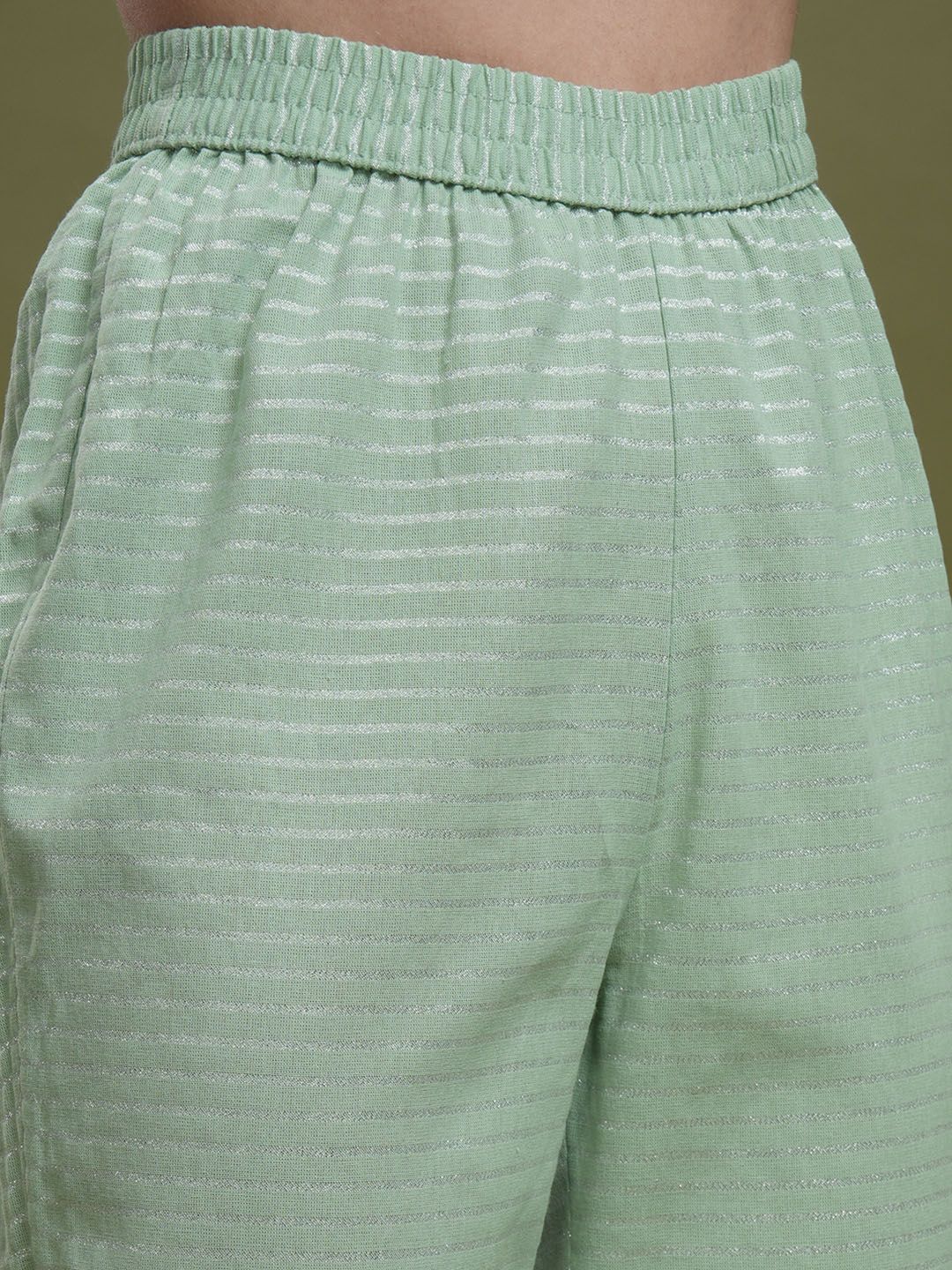 Vishudh Green Striped Mandarin Collar Pure Cotton Straight Kurta With Trousers