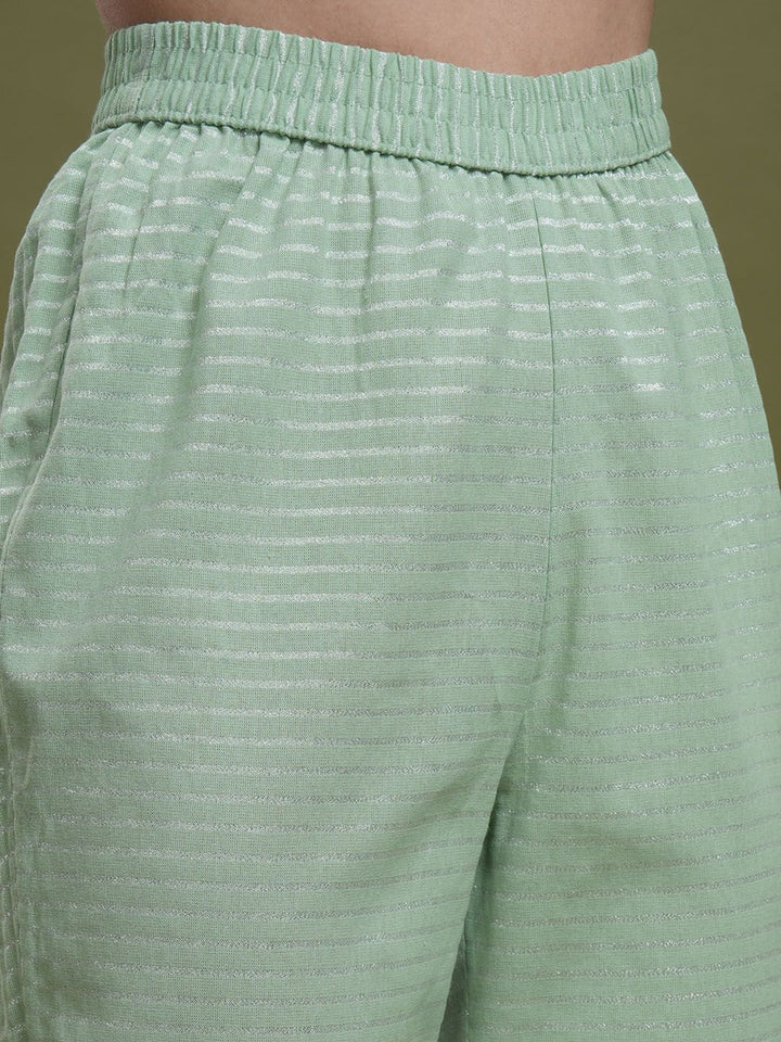 Vishudh Green Striped Mandarin Collar Pure Cotton Straight Kurta With Trousers