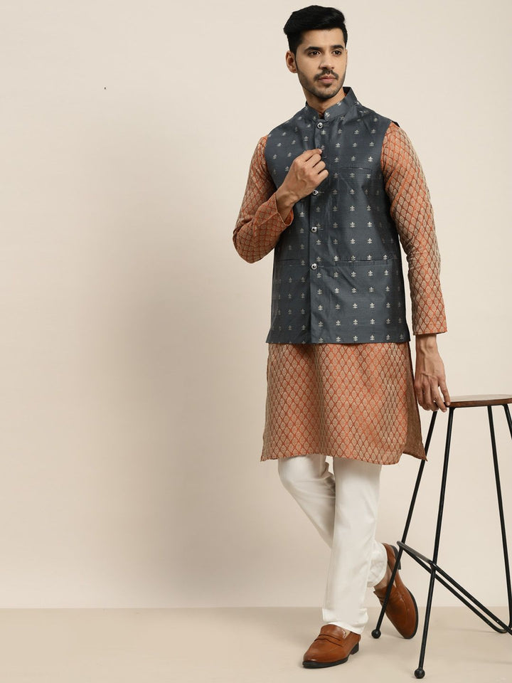SOJANYA Men Orange Ethnic Motifs Kurta with Churidar with Nehru Jacket