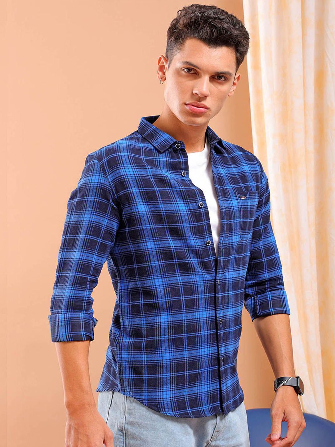 The Indian Garage Co Slim Fit Tartan Checked Cutaway Collar Twill Weave Pure Cotton Shirt