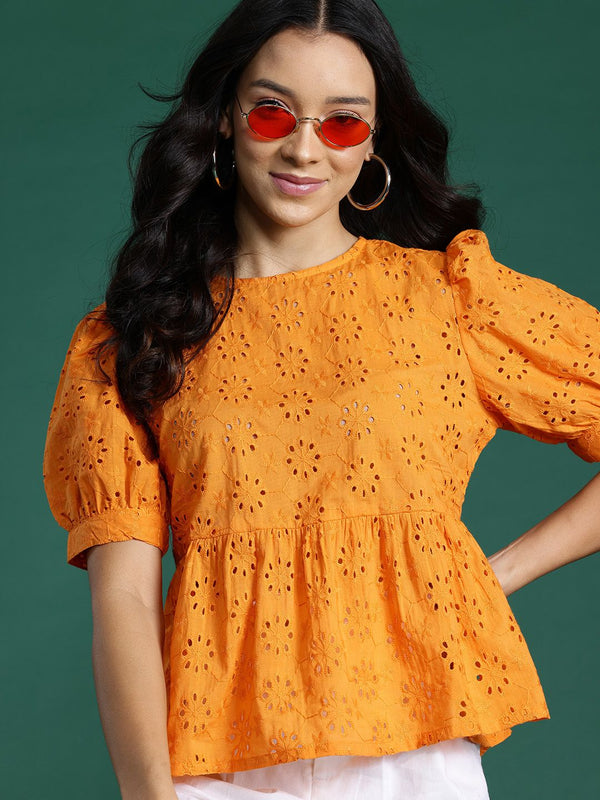 DressBerry Puff Sleeve Pure Cotton Schiffli Top