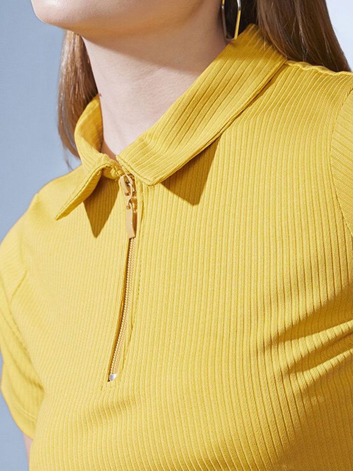STREET 9 Yellow Polo Collar Ribbed Slim Fit Crop T-shirt