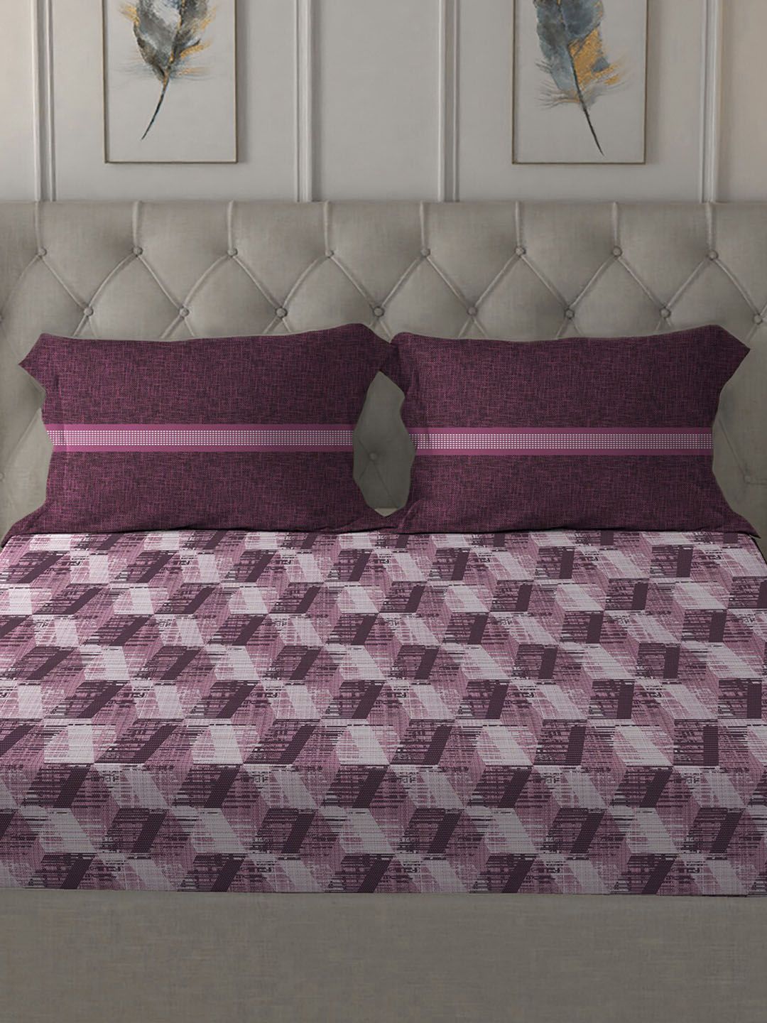MYTRIDENT Taupe  White Geometric Pure Cotton 144 TC Queen Bedsheet With 2 Pillow Covers