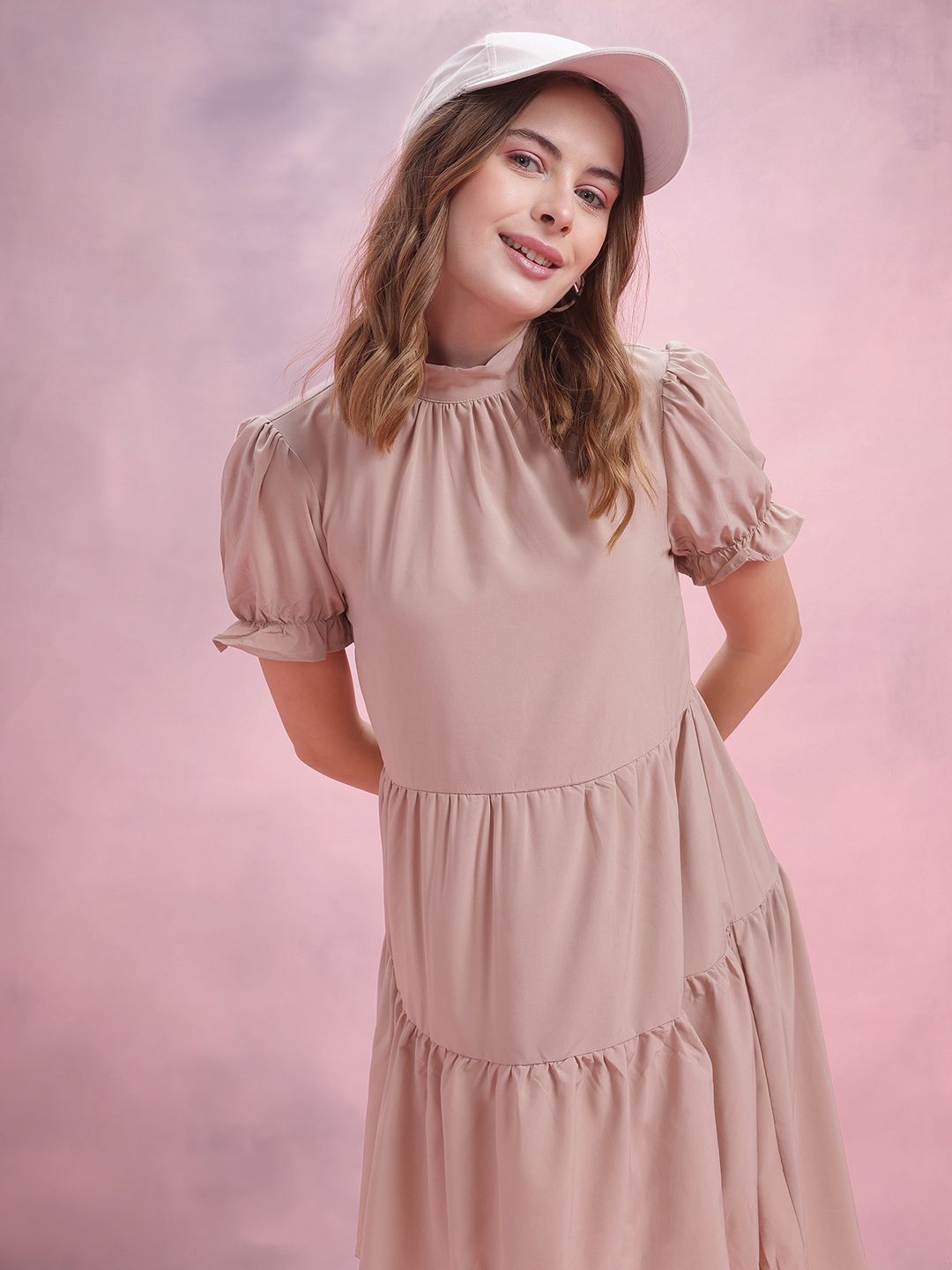 DressBerry Gathered Detail High-Neck Tiered A-Line Midi Dress with Tie-Ups