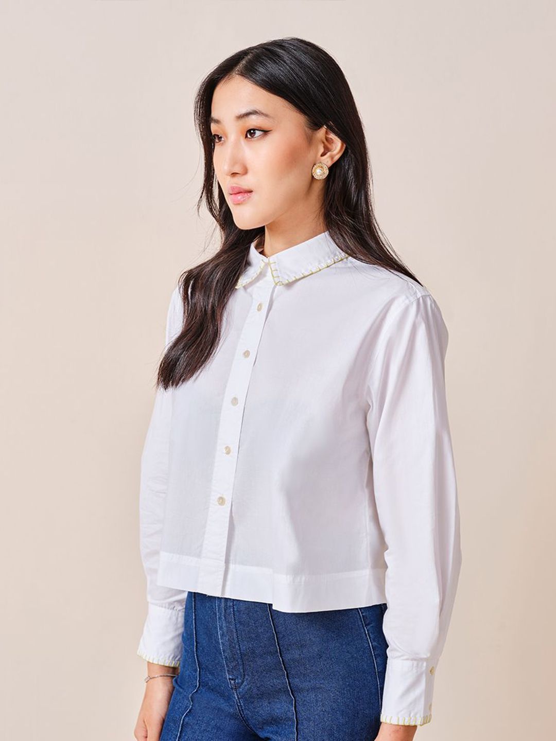 AND Women Solid Cotton Long Sleeves Shirt Style Top