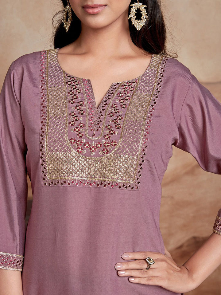 KALINI Ethnic Motifs Embroidered Chanderi Silk Straight Kurta With Palazzos & Dupatta