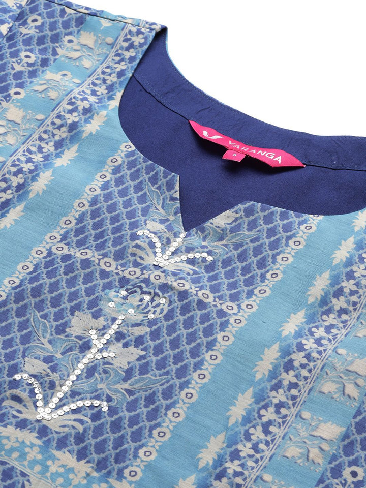 Varanga Women Blue Floral Printed Sequinned Kurta with Trousers & With Dupatta